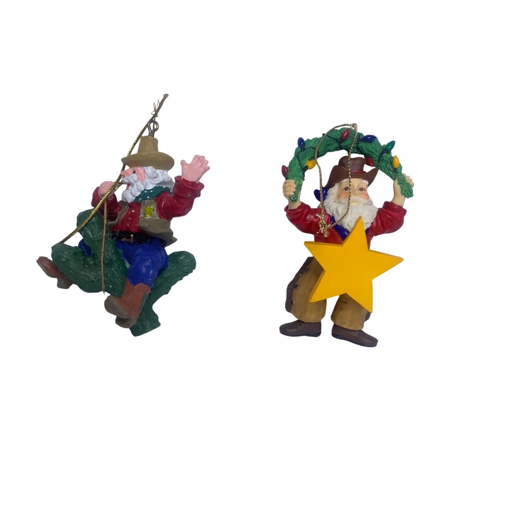 Vintage Cowboy Santa Christmas Ornaments Set of 2 Western Cactus Wreath‎ Decor